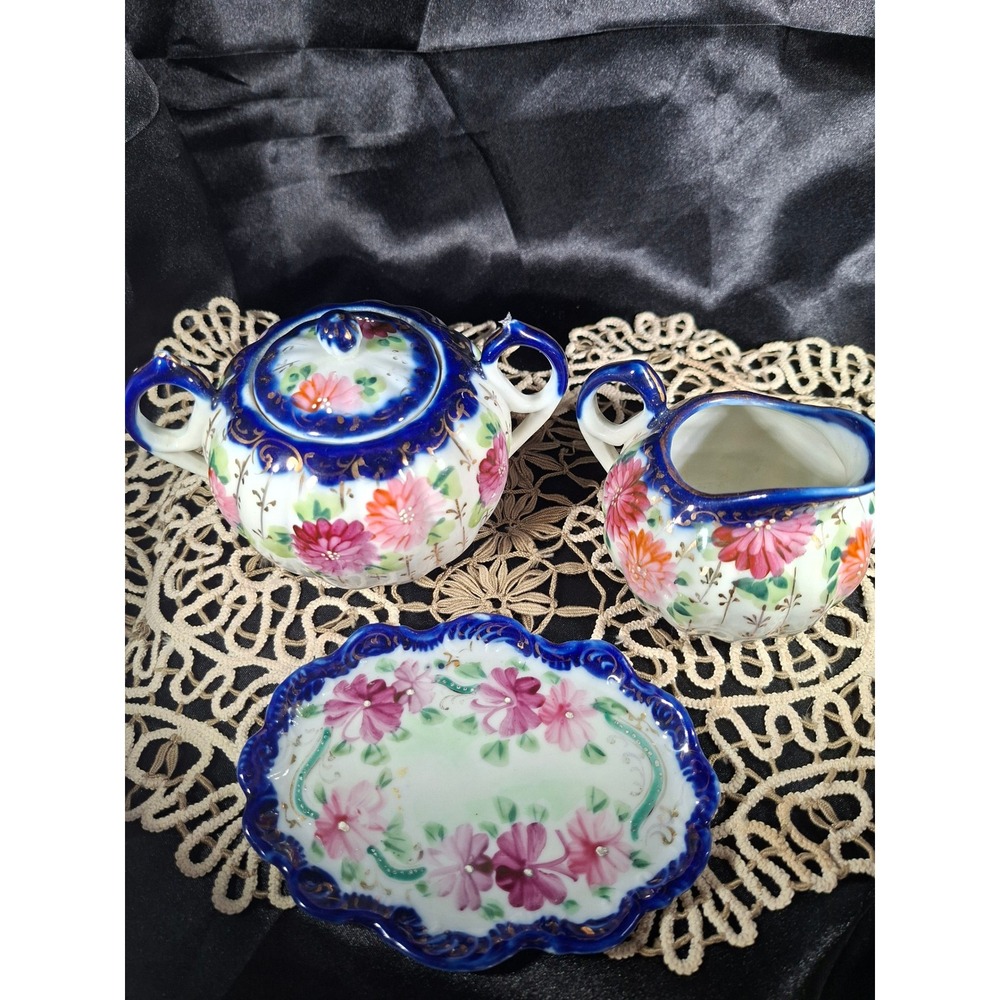 Vtg Nippon Hand Painted Porcelain Floral Cream Sugar Set & Tray Cobalt Blue Gold